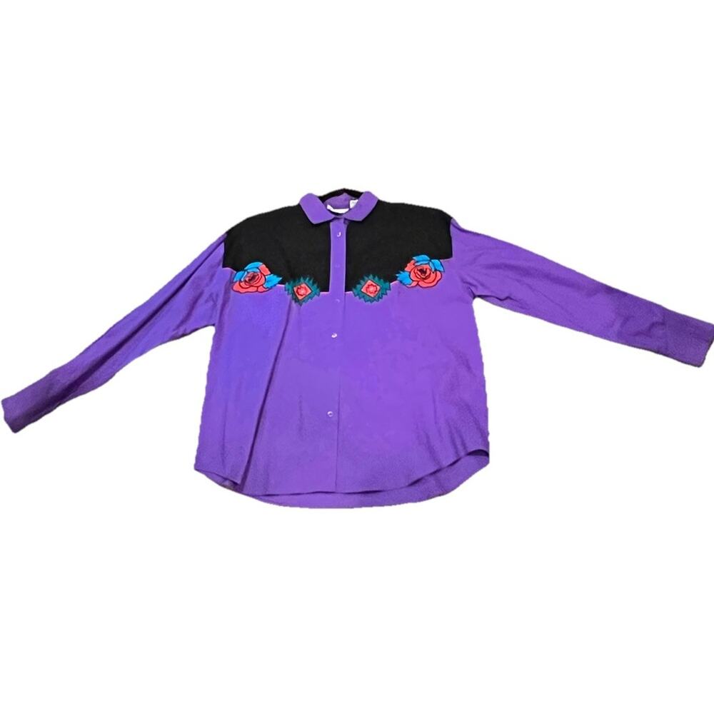 VTG 1993 Side Saddle Western Womens Large Shirt Purple Black Floral Embroidered